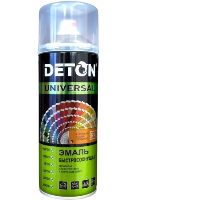 Deton RAL 9005 DETON UNIVERSAL - Alkyd enamel - Black matte, weather-resistant, aerosol, 520 ml DTN-A46788 – buy in Samara | carpaint.kz